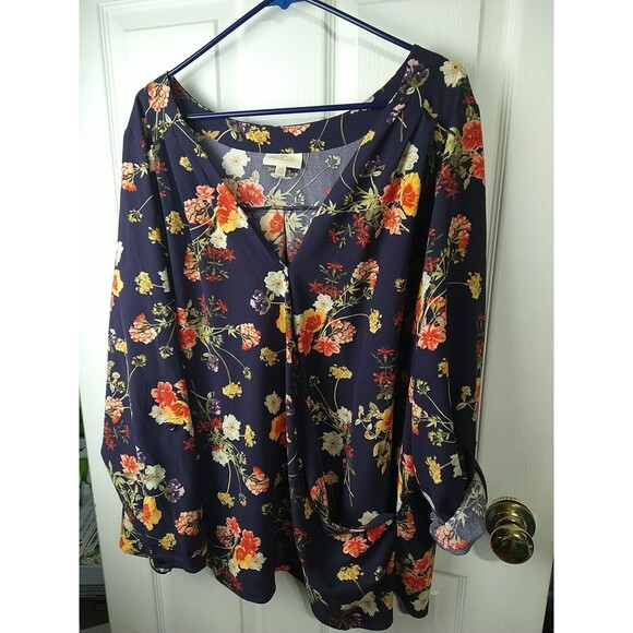 ModCloth Top Womens 3X Purple Red Floral Roll Tab LS Blouse VNeck Boho Office - Picture 2 of 9